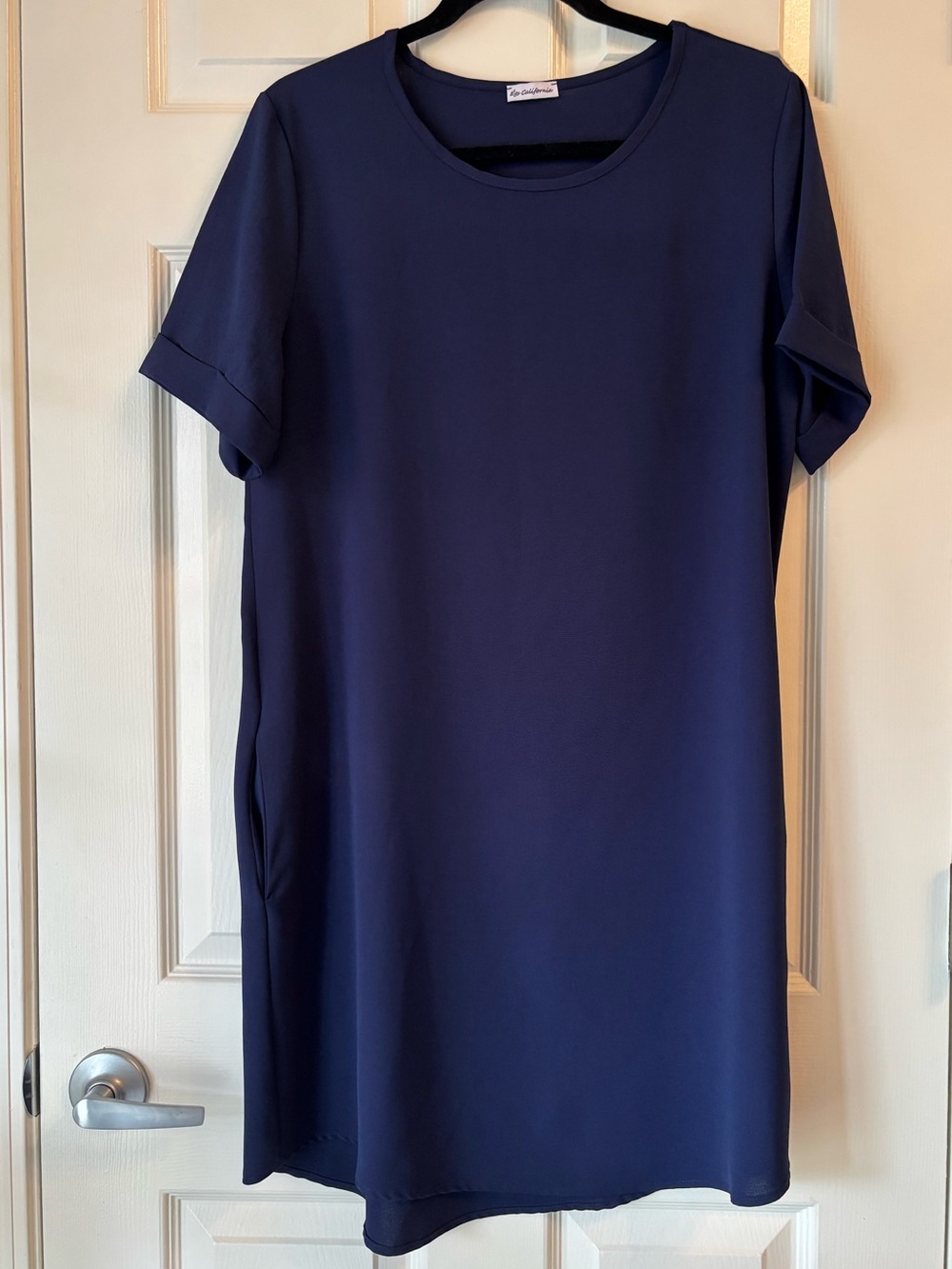 Short Sleeve Shift Pocket Shirt Dress in Navy